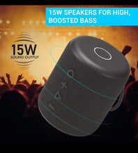 Load image into Gallery viewer, Portronics SoundDrum Plus a 15W POR-1040 Bluetooth 5.0 Portable Stereo Speaker Comes with Boosted Bass, Equaliser Function, in-Built Mic, 3.5mm Aux in-Port, Pendrive and 2500mAh Battery, Black