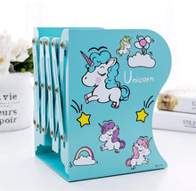 Load image into Gallery viewer, Folding Book Stand Metal Cartoon Unicorn Look Reading Frame Bookshelf Booknerds