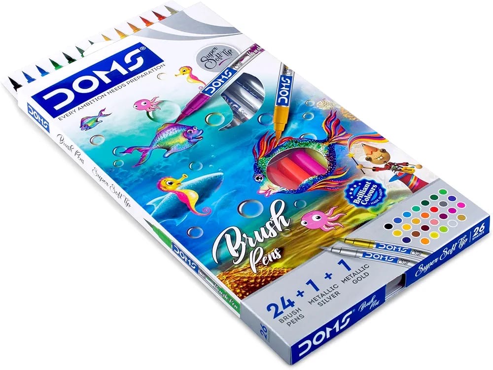 DOMS Brush Pen Box Pack | Flexible & Soft Tip That Gives Water Color Effect | Includes One Silver & Gold Shade Inside | Lightweight Brush Pens For Kids | Set Of 26 Shades