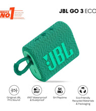 Load image into Gallery viewer, JBL Go 3 Eco with eco-friendly recycled materials and packaging, Wireless Portable Bluetooth Speaker, Pro Sound, Vibrant Colors with Rugged Fabric Design, Waterproof, Type C (without Mic, Green)

