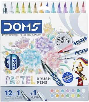 Doms Super Soft Tip Pastel Shades Brush Pen Set | 12 Pastel Shades + 1 Silver Shade + 1 Blender | Ideal for Doodling, Illustrations, Calligraphy, Artists, Studenst & Professioanls | Pack Of 1
