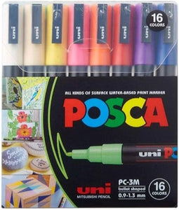 Uni-ball Posca 3M 0.9-1.3mm Bullet Shaped Markers (16 Colors, 16 Pcs), Multicolor