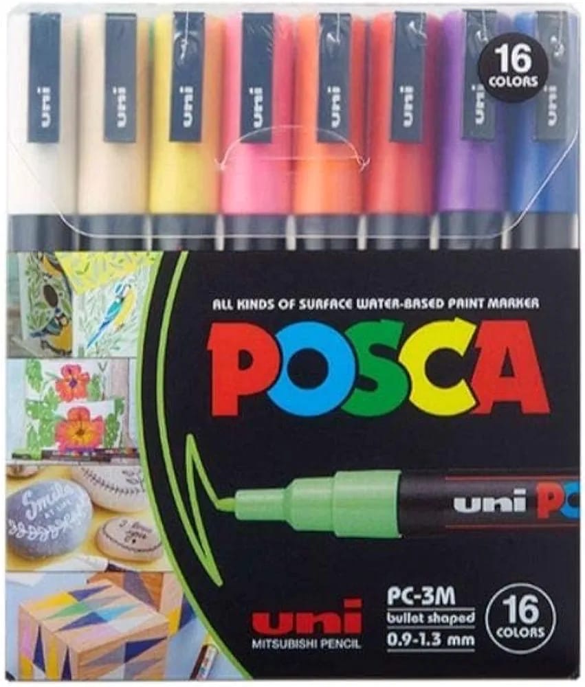 Uni-ball Posca 3M 0.9-1.3mm Bullet Shaped Markers (16 Colors, 16 Pcs), Multicolor