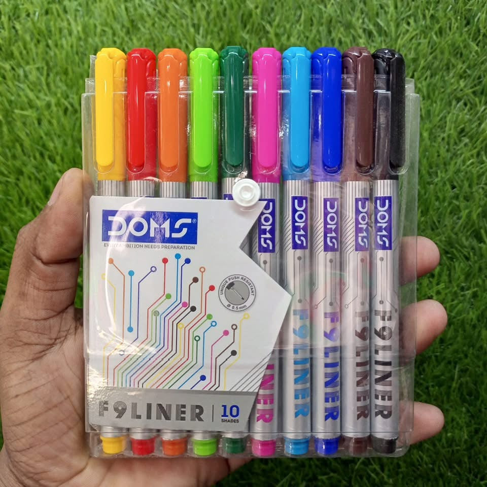 Doms F9 Fine Liner Set Of 10 Assorted Shades, 0.5 Mm Unique Push Resistant Metal Tip| Water Based Ink| Ideal For Writing, Drawing & Sketching