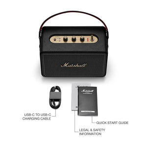 Marshall Kilburn III Portable Bluetooth Speaker with 50+ Hours of Portable Playtime, (360° Sound), Dust & Water-Resistant (IP54) – Black & Brass."