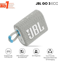Load image into Gallery viewer, JBL Go 3 Eco with eco-friendly recycled materials and packaging, Wireless Portable Bluetooth Speaker, Pro Sound, Vibrant Colors with Rugged Fabric Design, Waterproof, Type C (without Mic, White)
