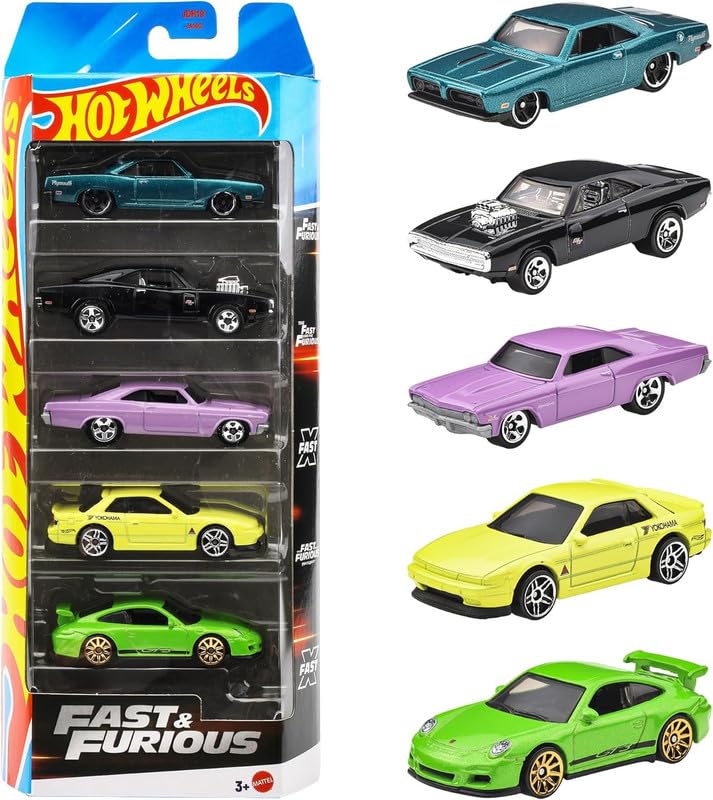Hot Wheels 2025 Fast & Furious 5-Pack – Dodge Charger R/T, Chevrolet Impala, Porsche 911 GT3 RS, Plymouth Barracuda, Nissan Silvia – Multi-Color