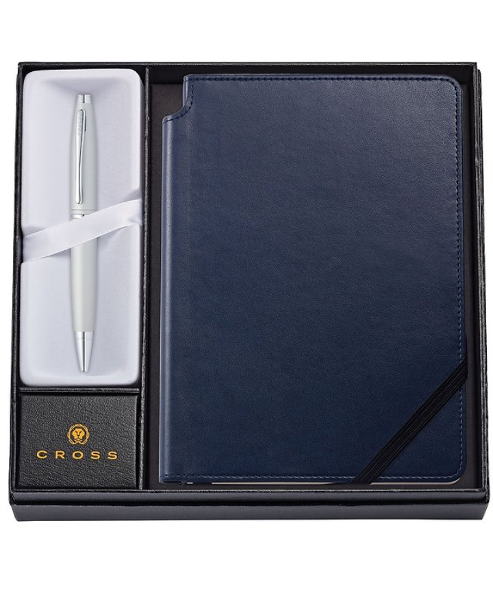 Cross Gift Set Calais Satin Chrome Ballpoint Pen With Midnight Blue Medium Class
