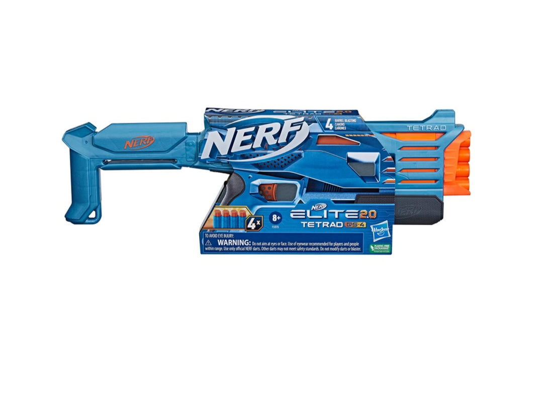 Nerf Elite 2.0 Tetrad QS-4 Blaster, 4 Nerf Elite Darts, 4-Barrel Blasting, Tactical Rail for Customizing Capability