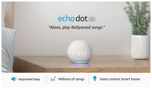 All-new Echo Dot (4th Gen) with clock | Next generation smart speaker with improved bass, LED display and Alexa (White)