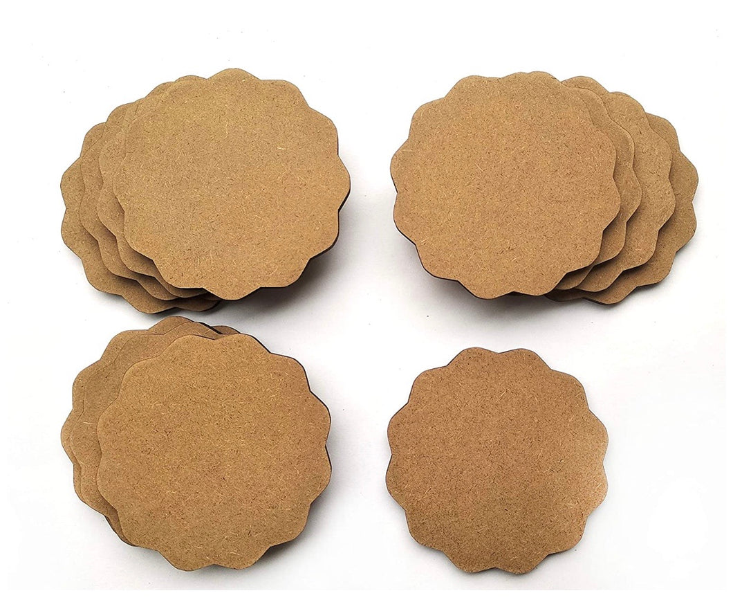 MDF Circle and Scallop Shaped Coasters - (Set of 12)- for Craft/Activity/Decoupage/Painting/Resin Work (Scallop Shaped)