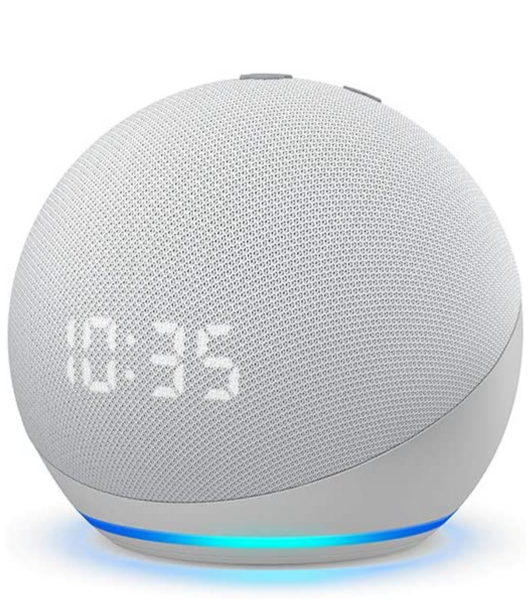 All-new Echo Dot (4th Gen) with clock | Next generation smart speaker with improved bass, LED display and Alexa (White)
